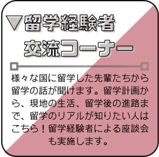 留学経験者交流コーナー　様々な国に留学した先輩に留学の話が聞けます。