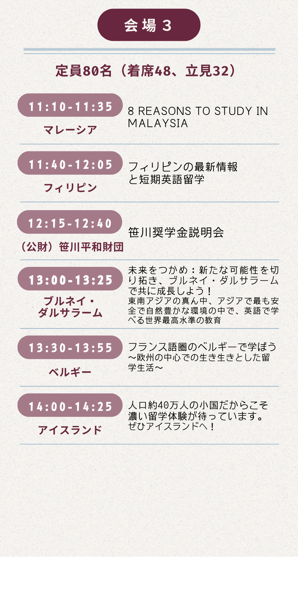 セミナー会場③　マレーシア、フィリピン、ブルネイ、ベルギー、アイスランド留学セミナー